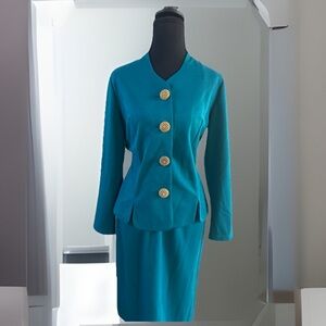 Vintage teal skirt Suit with Gold Buttons size 8